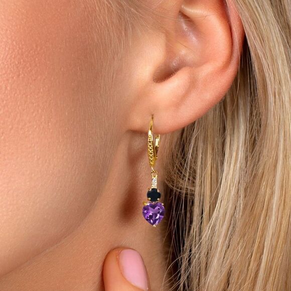 18K Yellow Gold with 2.27 Cttw Amethyst and Black Onyx Heart Leverback Earrings - Picture 2 of 4